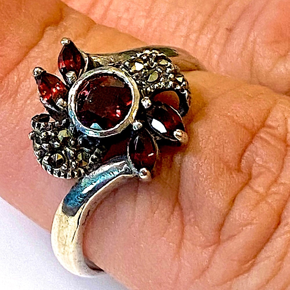 Garnet Marcasite Sterling Silver Flower Ring